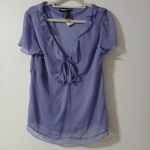 Requirements Womens Purple V Neck Ruffled Short Sleeves Tie Chiffon Blouse 12